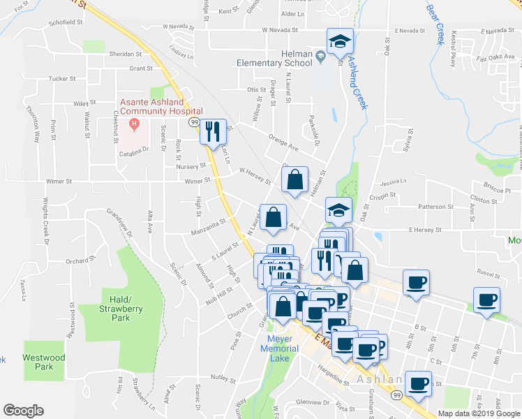 map of restaurants, bars, coffee shops, grocery stores, and more near N Laurel St & Van Ness Ave in Ashland
