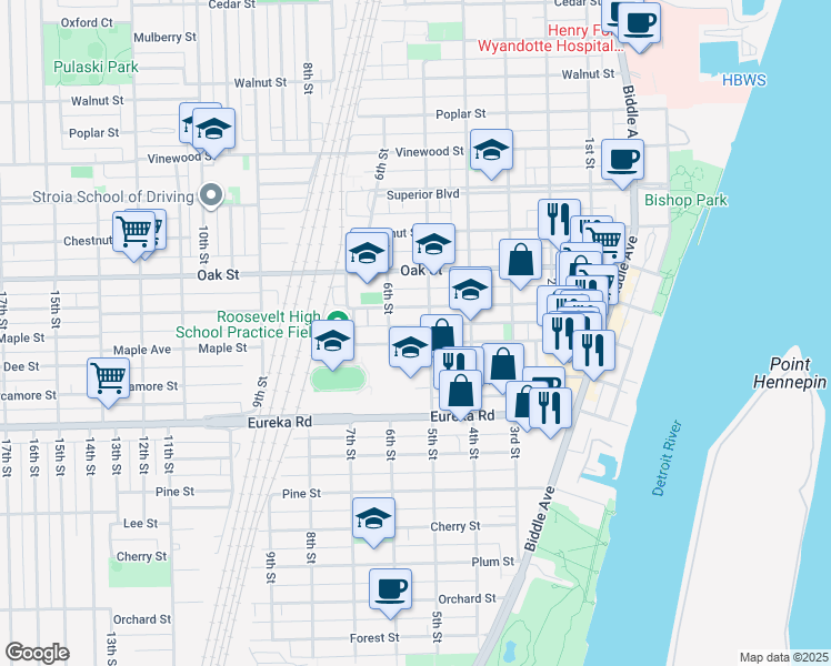 map of restaurants, bars, coffee shops, grocery stores, and more near 524 Maple Street in Wyandotte
