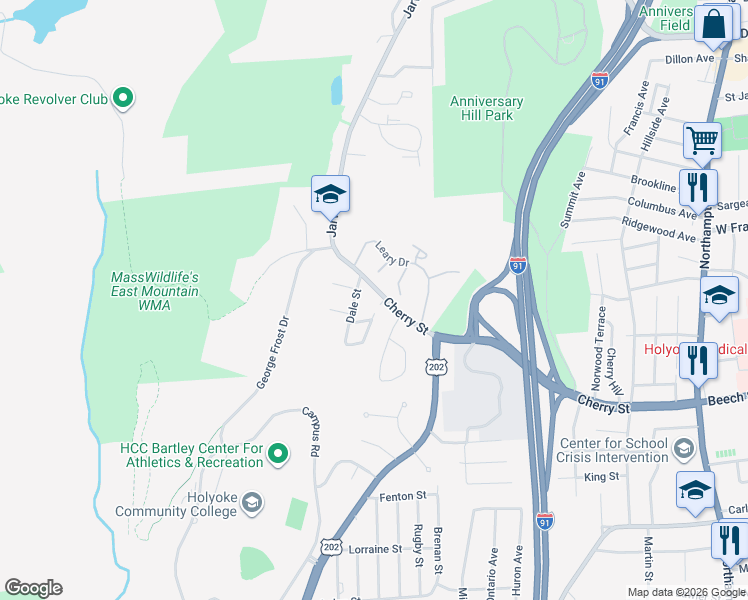 map of restaurants, bars, coffee shops, grocery stores, and more near 322 Cherry Street in Holyoke