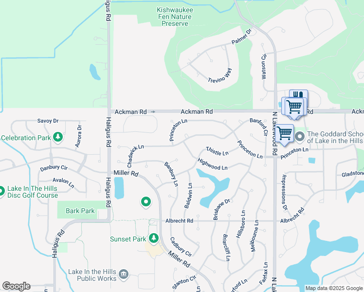 map of restaurants, bars, coffee shops, grocery stores, and more near 5070 Highwood Lane in Lake in the Hills