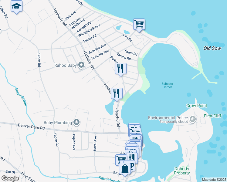map of restaurants, bars, coffee shops, grocery stores, and more near 22 Hatherly Road in Scituate