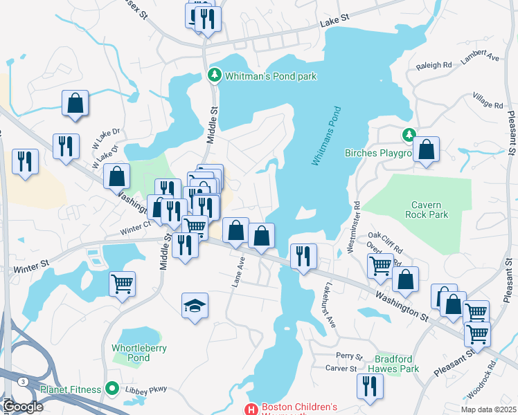 map of restaurants, bars, coffee shops, grocery stores, and more near 14 Lake View Road in Weymouth