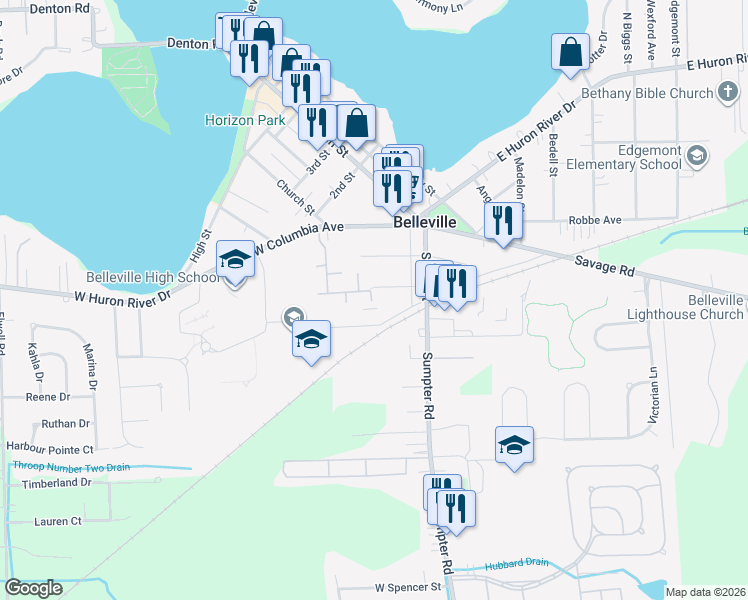 map of restaurants, bars, coffee shops, grocery stores, and more near 91 Henry Street in Belleville
