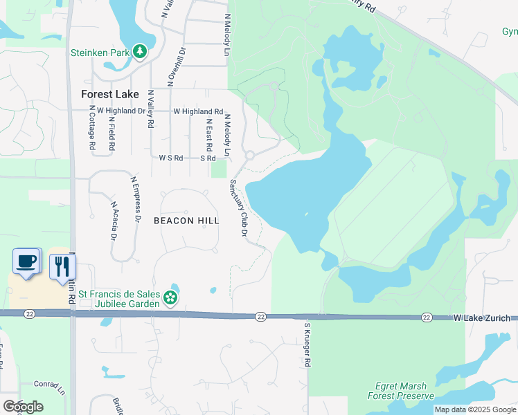 map of restaurants, bars, coffee shops, grocery stores, and more near 23340 Sanctuary Club Drive in Kildeer