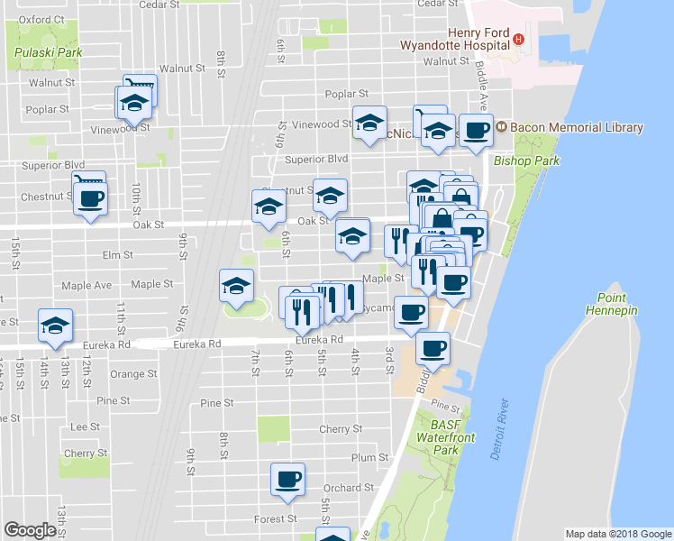 map of restaurants, bars, coffee shops, grocery stores, and more near 430 Maple Street in Wyandotte