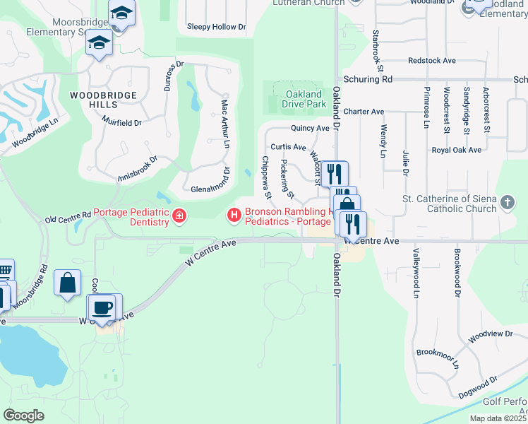 map of restaurants, bars, coffee shops, grocery stores, and more near 2446 Deep Forest Court in Portage