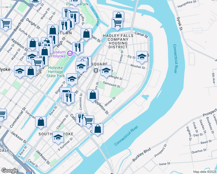 map of restaurants, bars, coffee shops, grocery stores, and more near 216 West Street in Holyoke