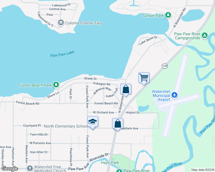 map of restaurants, bars, coffee shops, grocery stores, and more near 8224 Pokagon Road in Watervliet