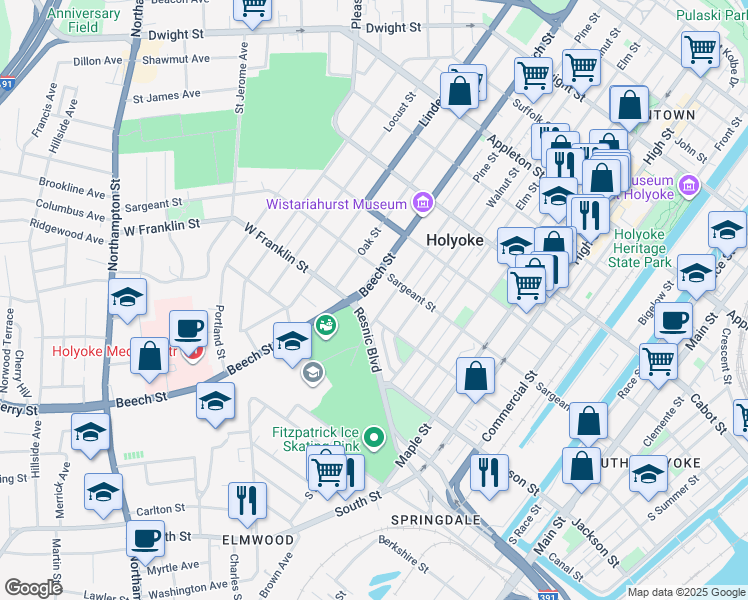map of restaurants, bars, coffee shops, grocery stores, and more near 325 Pine St in Holyoke