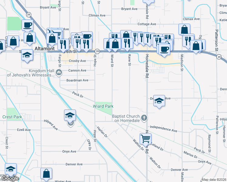 map of restaurants, bars, coffee shops, grocery stores, and more near 2705 Wiard Street in Klamath Falls