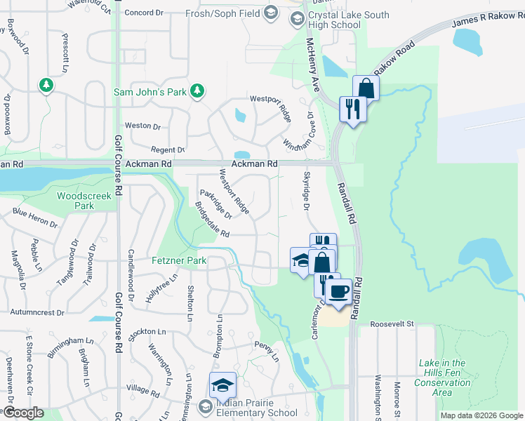 map of restaurants, bars, coffee shops, grocery stores, and more near 1408 Fountain Green Drive in Crystal Lake