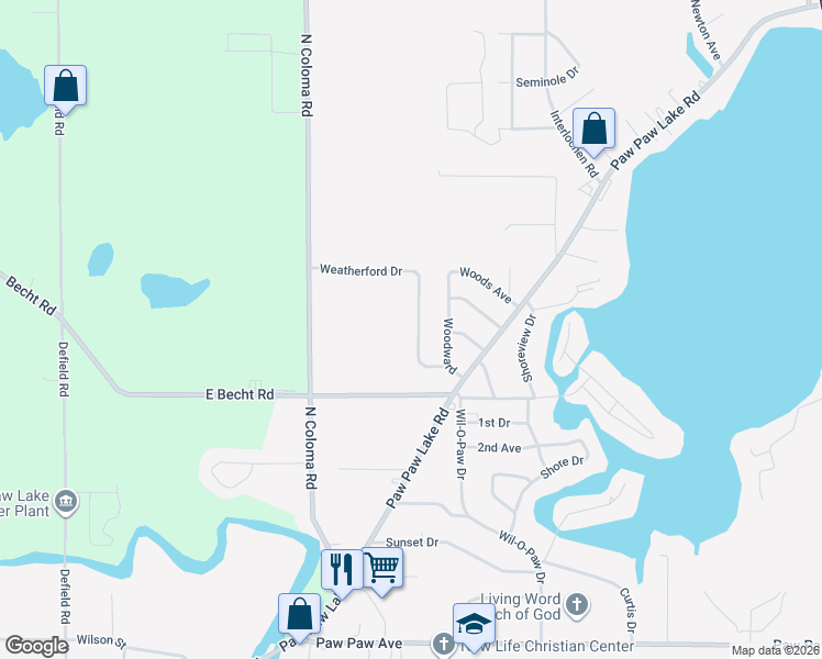 map of restaurants, bars, coffee shops, grocery stores, and more near 4996 Weatherford Drive in Coloma