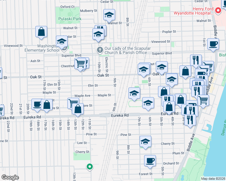map of restaurants, bars, coffee shops, grocery stores, and more near 3034 9th St in Wyandotte