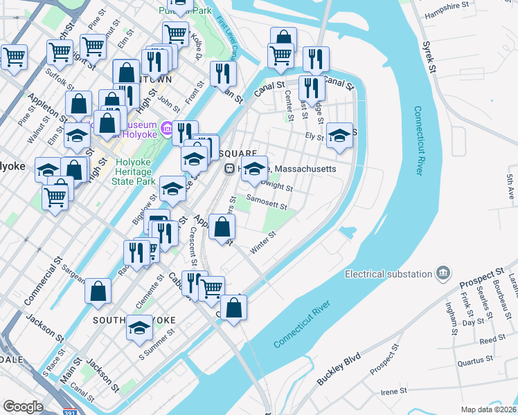 map of restaurants, bars, coffee shops, grocery stores, and more near 216 West Street in Holyoke