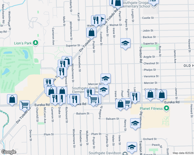 map of restaurants, bars, coffee shops, grocery stores, and more near 14607 Poplar Street in Southgate