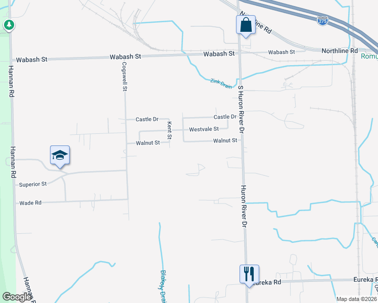 map of restaurants, bars, coffee shops, grocery stores, and more near 37827 Walnut Street in Romulus