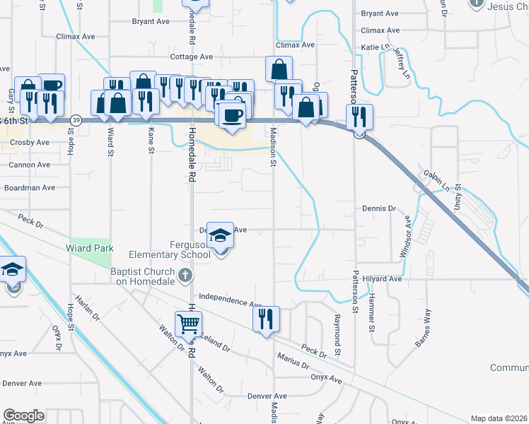 map of restaurants, bars, coffee shops, grocery stores, and more near 5700 Schiesel Avenue in Klamath Falls