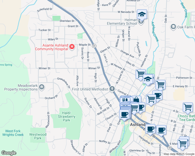 map of restaurants, bars, coffee shops, grocery stores, and more near 330 High Street in Ashland