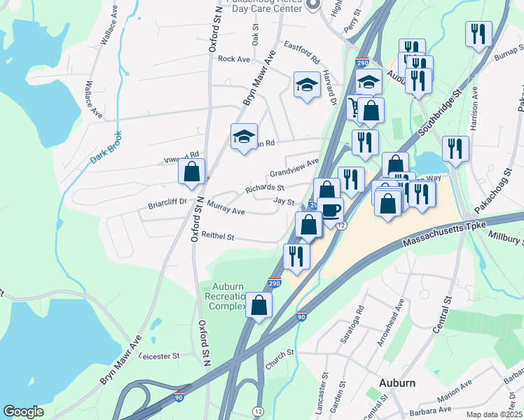 map of restaurants, bars, coffee shops, grocery stores, and more near 19 Murray Avenue in Auburn