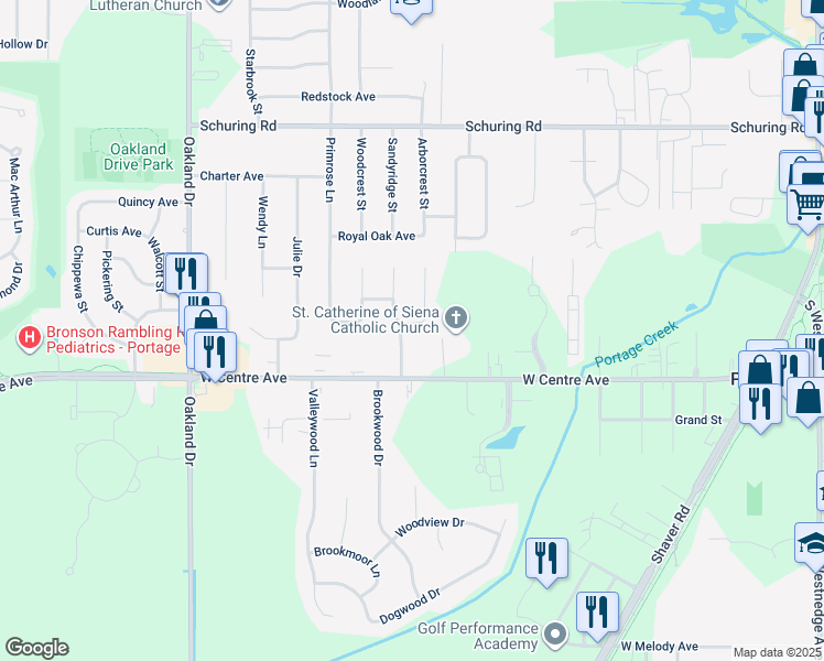 map of restaurants, bars, coffee shops, grocery stores, and more near 1395 Ashton Woods Court in Portage