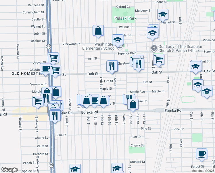 map of restaurants, bars, coffee shops, grocery stores, and more near 1550 Maple Street in Wyandotte