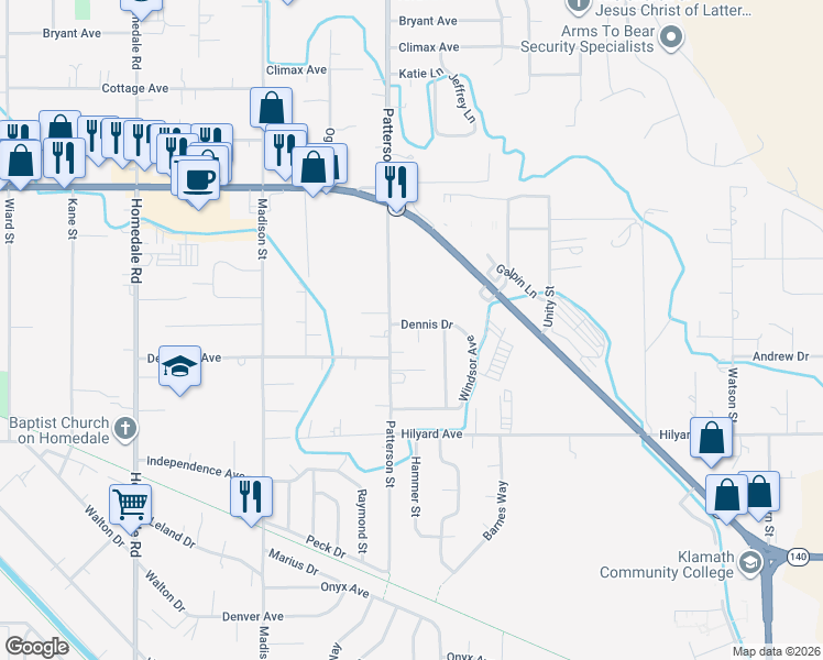 map of restaurants, bars, coffee shops, grocery stores, and more near 6238 Dennis Drive in Klamath Falls