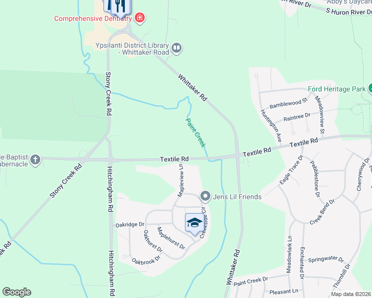 map of restaurants, bars, coffee shops, grocery stores, and more near 7457 Textile Road in Ypsilanti