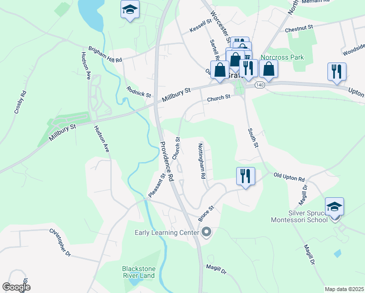 map of restaurants, bars, coffee shops, grocery stores, and more near 51 Church Street in Grafton