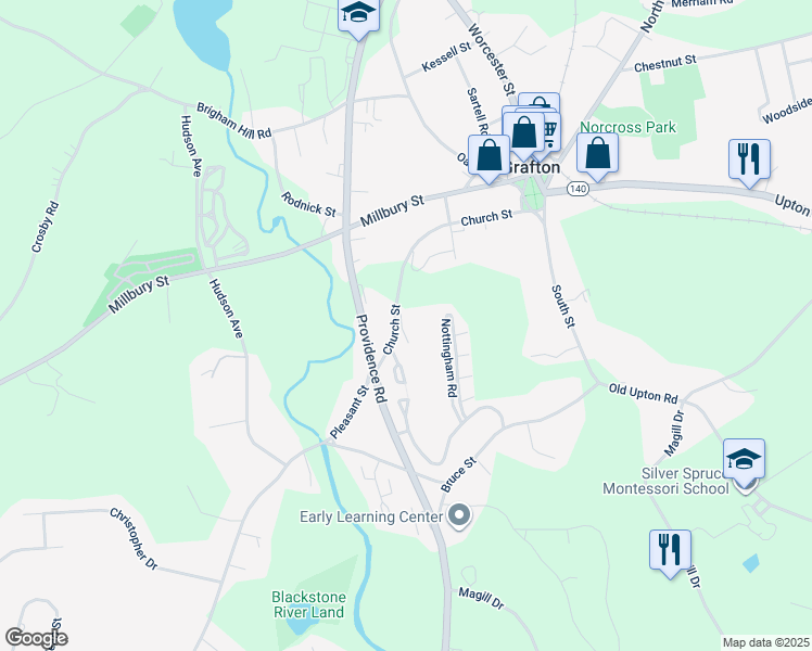 map of restaurants, bars, coffee shops, grocery stores, and more near 51 Church Street in Grafton