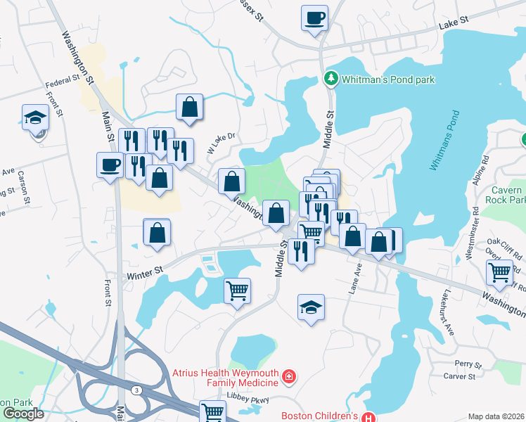 map of restaurants, bars, coffee shops, grocery stores, and more near 736 Washington Street in Weymouth