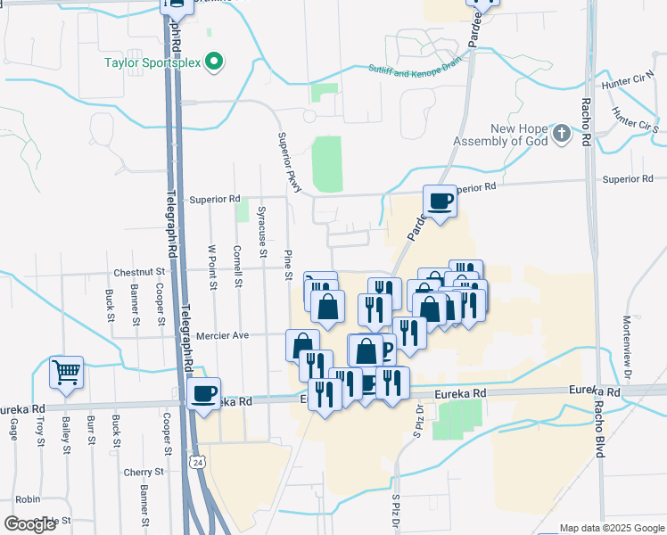 map of restaurants, bars, coffee shops, grocery stores, and more near 14383 Timberline Drive in Taylor