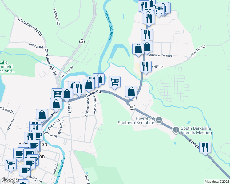map of restaurants, bars, coffee shops, grocery stores, and more near 155 State Road in Great Barrington