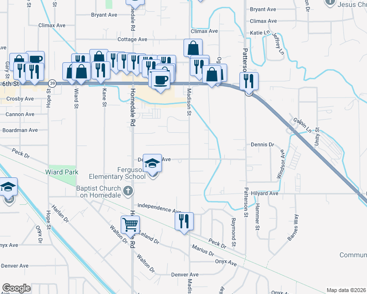 map of restaurants, bars, coffee shops, grocery stores, and more near 5700 Schiesel Avenue in Klamath Falls