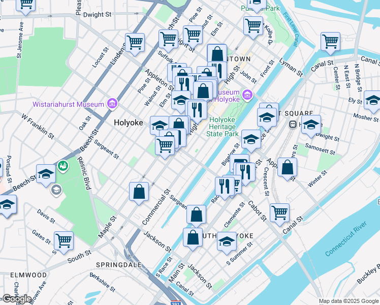 map of restaurants, bars, coffee shops, grocery stores, and more near 70 Nick Cosmos Way in Holyoke