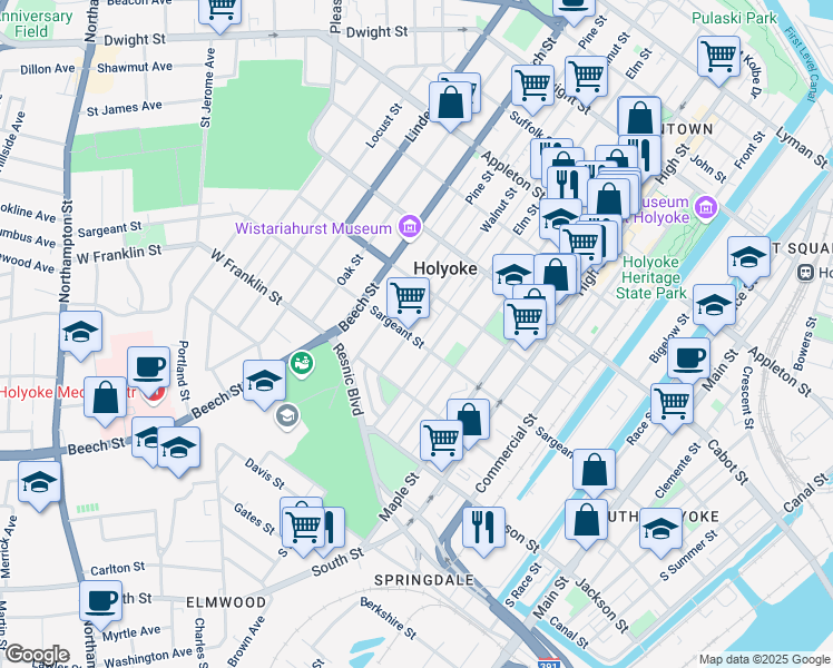 map of restaurants, bars, coffee shops, grocery stores, and more near 319 Walnut Street in Holyoke