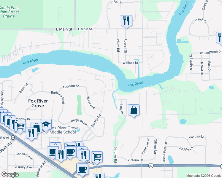 map of restaurants, bars, coffee shops, grocery stores, and more near 8715 Gardner Road in Fox River Grove
