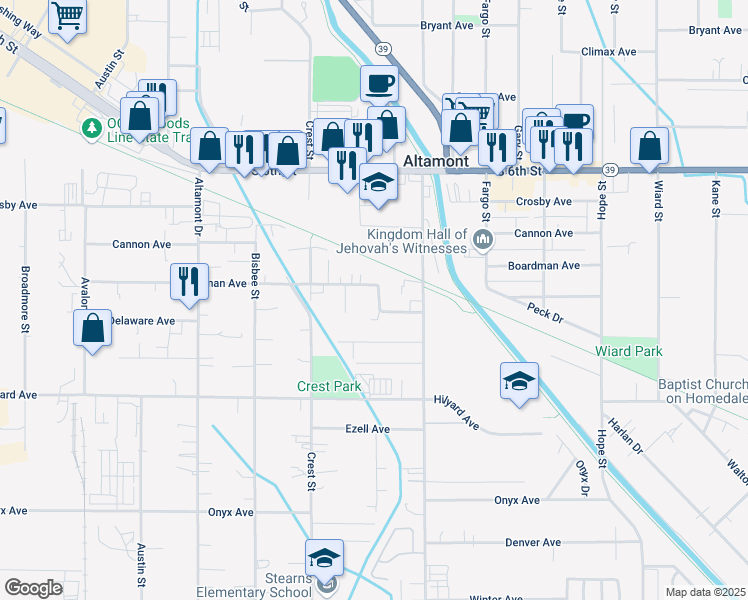 map of restaurants, bars, coffee shops, grocery stores, and more near 2734 Derby Street in Klamath Falls