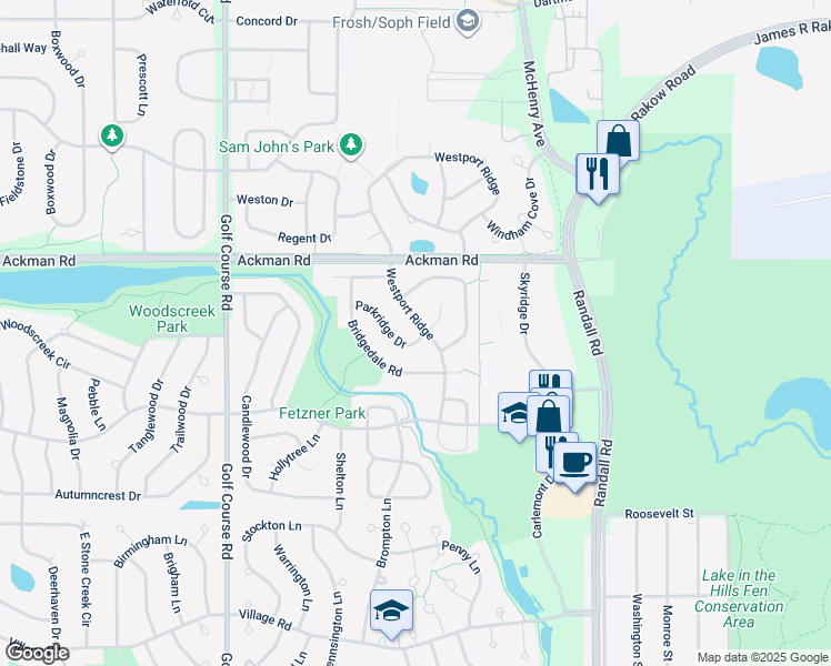 map of restaurants, bars, coffee shops, grocery stores, and more near 1473 Parkridge Drive in Crystal Lake