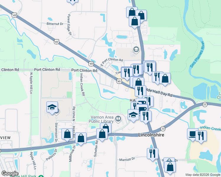 map of restaurants, bars, coffee shops, grocery stores, and more near 1334 South Christine Court in Vernon Hills