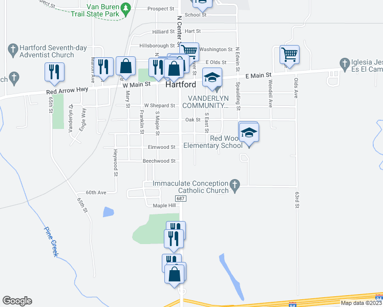 map of restaurants, bars, coffee shops, grocery stores, and more near 412 South Haver Street in Hartford