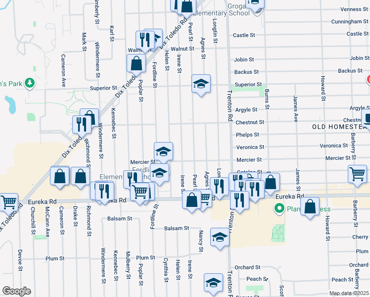 map of restaurants, bars, coffee shops, grocery stores, and more near 14495 Irene Street in Southgate