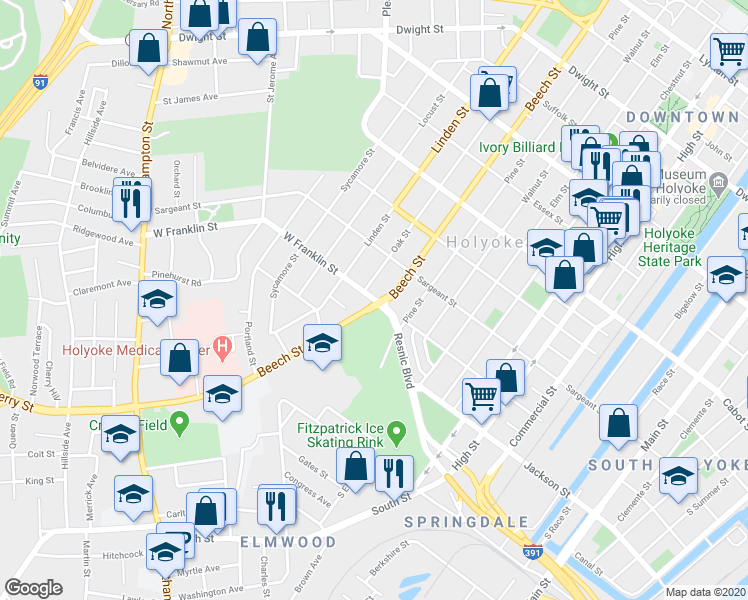 map of restaurants, bars, coffee shops, grocery stores, and more near 4 West Franklin Street in Holyoke