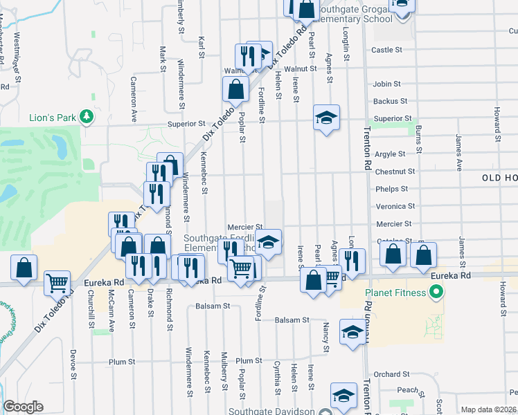 map of restaurants, bars, coffee shops, grocery stores, and more near 14607 Poplar Street in Southgate