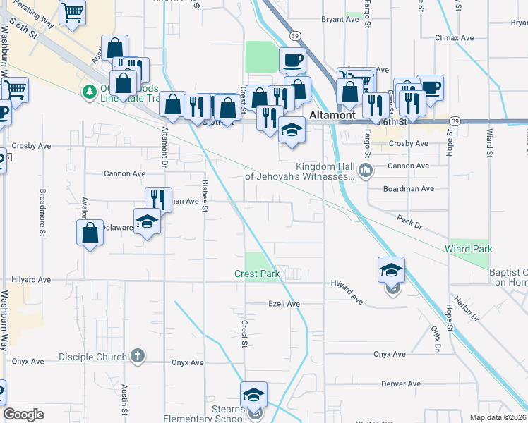 map of restaurants, bars, coffee shops, grocery stores, and more near 2706 Dayton Street in Klamath Falls