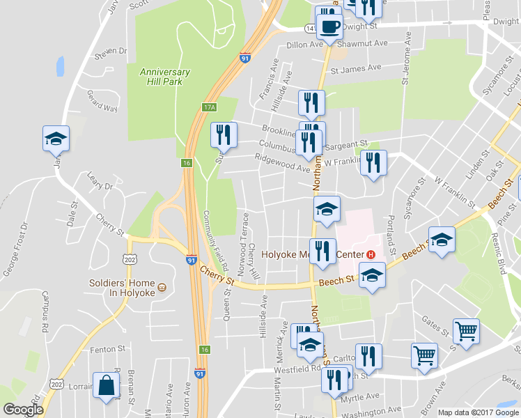 map of restaurants, bars, coffee shops, grocery stores, and more near 291 Hillside Avenue in Holyoke