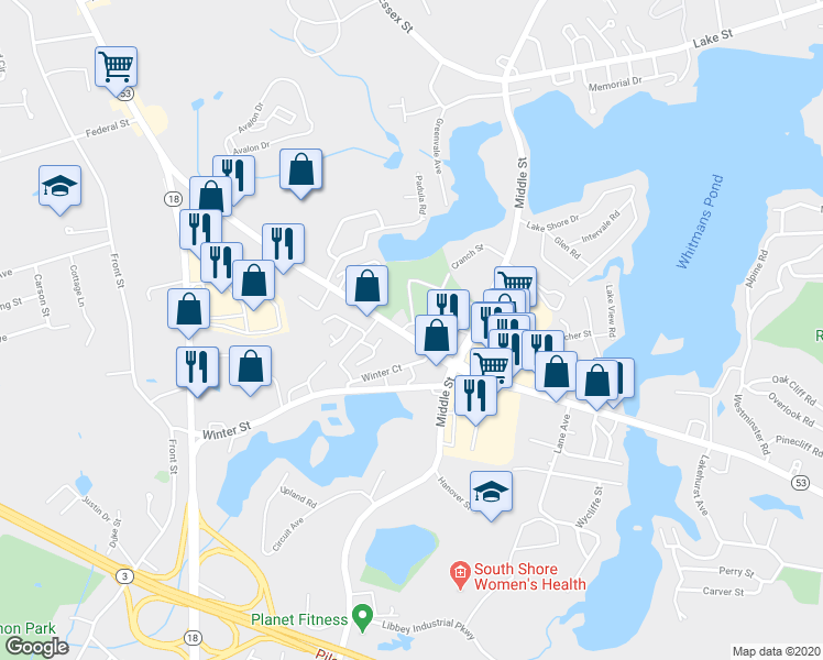 map of restaurants, bars, coffee shops, grocery stores, and more near 732 Washington Street in Weymouth