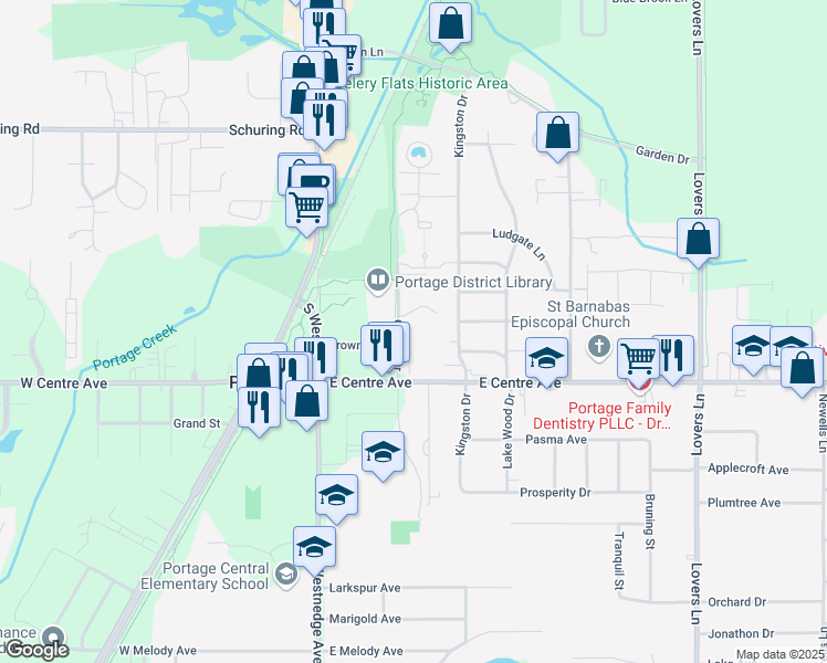 map of restaurants, bars, coffee shops, grocery stores, and more near 7895 Currier Drive in Portage