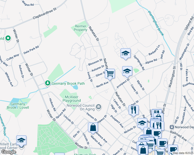 map of restaurants, bars, coffee shops, grocery stores, and more near 40 Silver St in Norwood