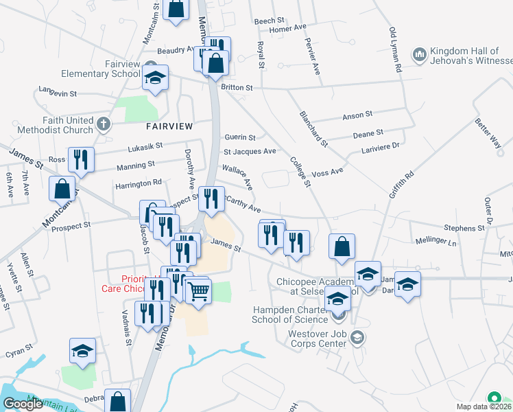 map of restaurants, bars, coffee shops, grocery stores, and more near 78 McCarthy Avenue in Chicopee