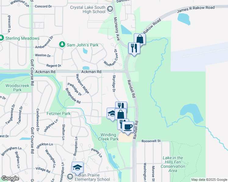 map of restaurants, bars, coffee shops, grocery stores, and more near 1465 Skyridge Drive in Crystal Lake